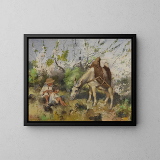 Summer landscape with children and a donkey - Julian Alden Weir — framed artwork on a wall