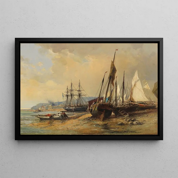 Sailing ships and fishing boats on the Breton beach - Jules-Achille Noël — framed artwork on a wall