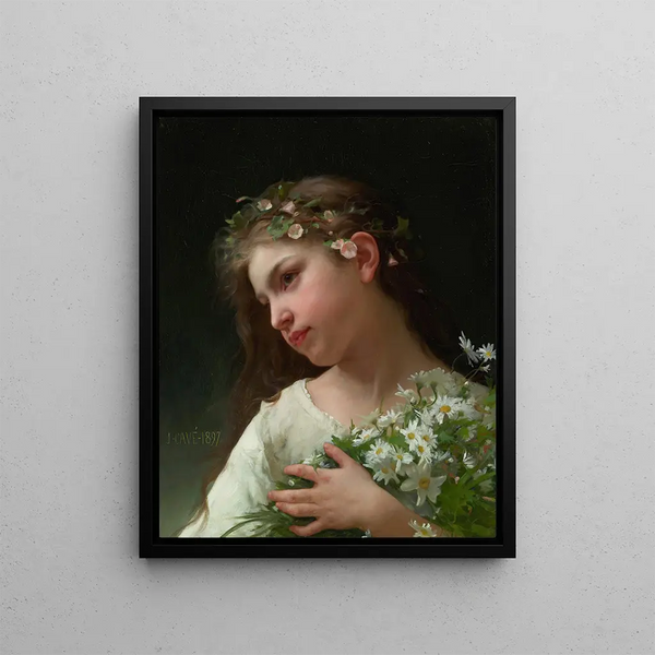 Girl with a bouquet of daisies - Jules-Cyrille Cavé — framed artwork on a wall