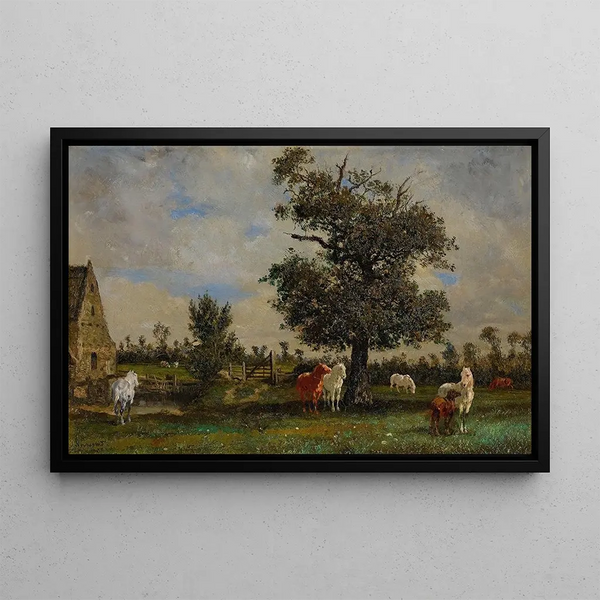 Horses Under an Apple Tree - Jules-Jacques Veyrassat — framed artwork on a wall
