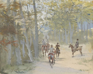 Forest landscape painting with riders - Jules Baron Finot — artwork view