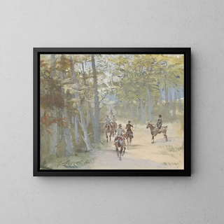 Forest landscape painting with riders - Jules Baron Finot — framed artwork on a wall