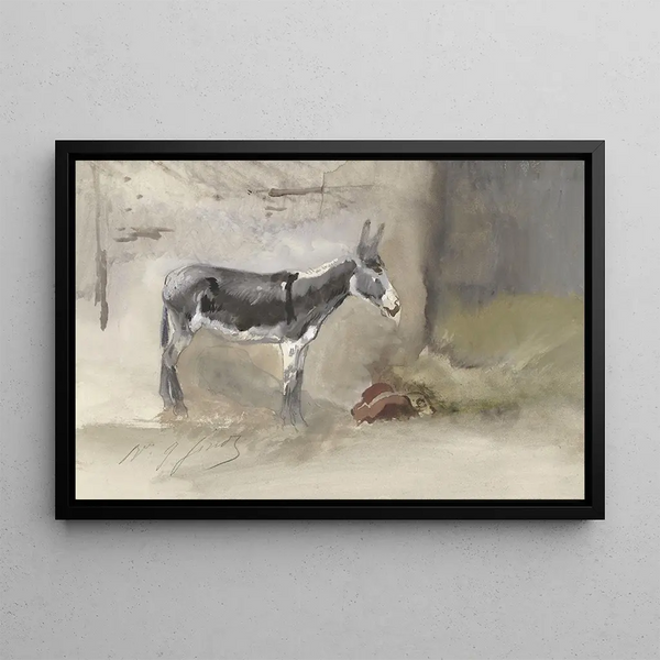 Donkey in a Stable - Jules Baron Finot — framed artwork on a wall