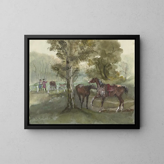 Horses in the meadow - Jules Baron Finot — framed artwork on a wall