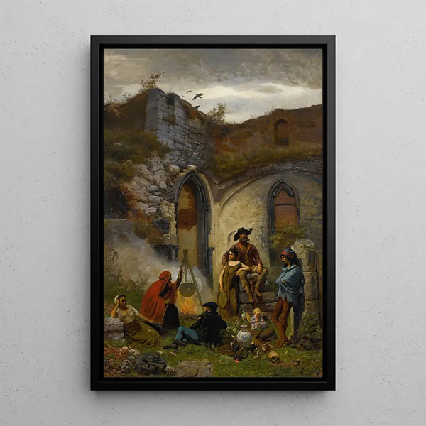 Campement de Bohémiens dans les ruines de l'abbaye de Saint-Bavon - Jules Breton — framed artwork on a wall