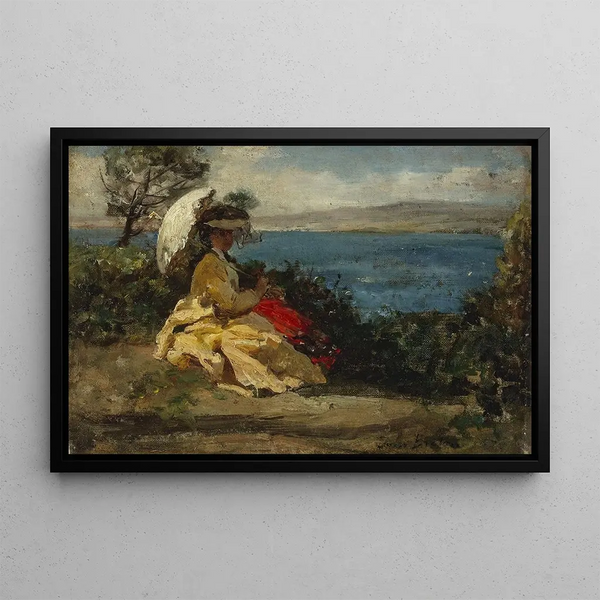 Woman with Umbrella, Douarnenez Bay - Jules Breton — framed artwork on a wall