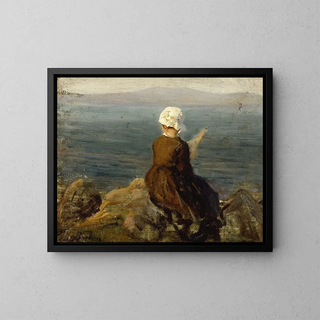 Fileuse sur les rochers à Douarnenez - Jules Breton — framed artwork on a wall