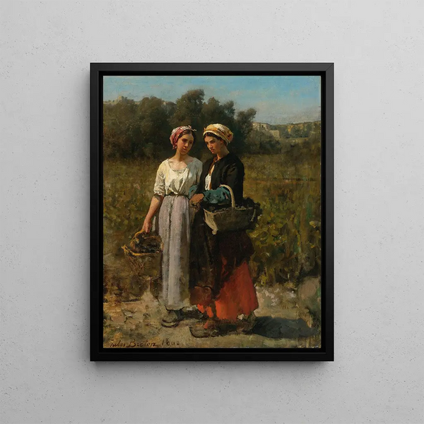Two Young Women Picking Grapes, Study for the Vintage at Château Lagrange - Jules Breton — framed artwork on a wall
