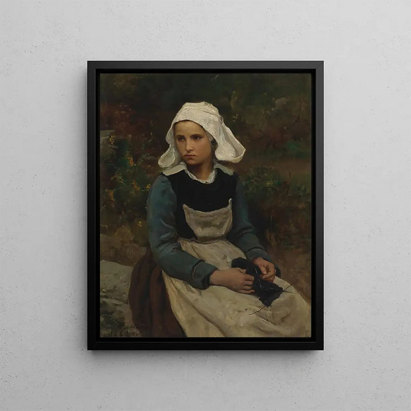 Young Breton Girl Knitting - Jules Breton — framed artwork on a wall