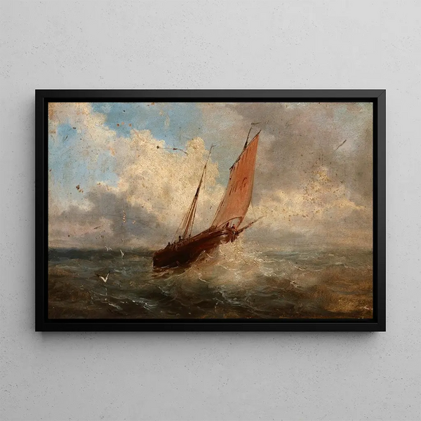 View of the Sea Boat at Sea - Jules Coignet — framed artwork on a wall