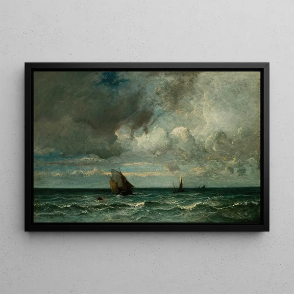 Boats fleeing before the storm - Jules Dupré — framed artwork on a wall