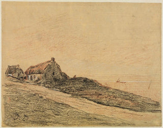 Coastal landscape painting in Cayeux with two cabins - Jules Dupré — artwork view
