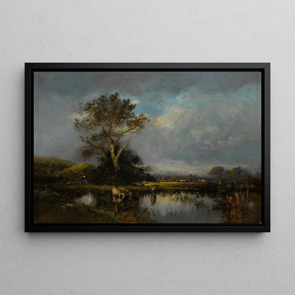 Landscape painting with pond and tree - Jules Dupré — framed artwork on a wall
