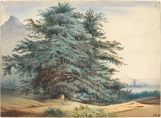 Two ancient trees in front of a mountain peak - Jules Dupré — artwork view