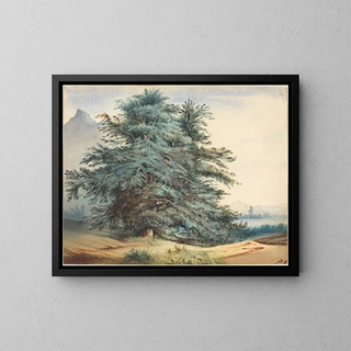 Two ancient trees in front of a mountain peak - Jules Dupré — framed artwork on a wall