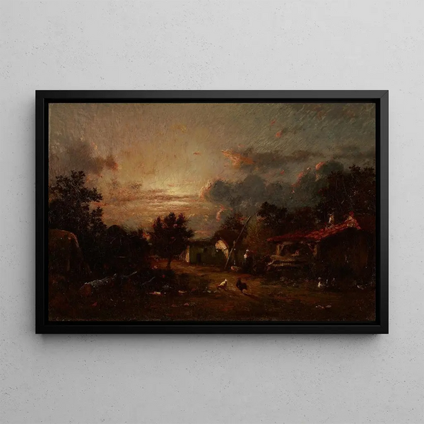 Village scene at sunset - Jules Dupré — framed artwork on a wall
