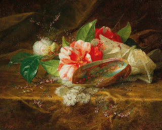 Still life with a camellia, a shell, and a lace tablecloth - Jules Ferdinand Médard — artwork view