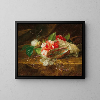 Still life with a camellia, a shell, and a lace tablecloth - Jules Ferdinand Médard — framed artwork on a wall