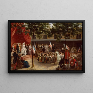 The Duchess of Orléans and the Count of Paris visiting a Parisian orphanage - Jules Laure — framed artwork on a wall