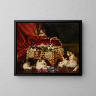 Kittens in a sewing basket - Jules Leroy — framed artwork on a wall