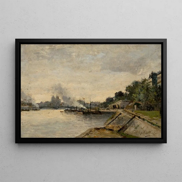 River landscape painting with a view of the city through the water - Jules Pétillon — framed artwork on a wall