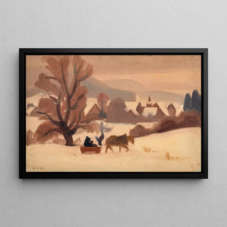 Sled in a Snowy Landscape - Jules Émile Zingg — framed artwork on a wall