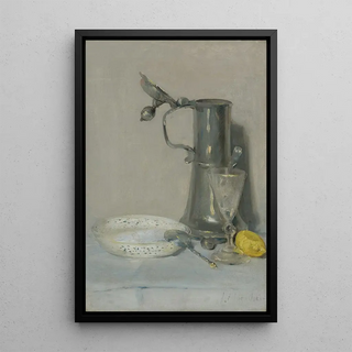 Still life with flask, glass, and bowl - Julian Alden Weir — framed artwork on a wall