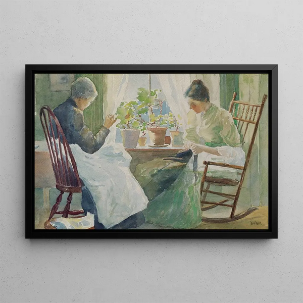 Two women sewing - Julian Alden Weir — framed artwork on a wall
