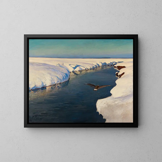 Winter landscape painting with a river and a bird - Julian Fałat — framed artwork on a wall