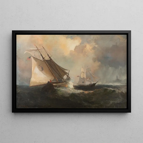Voiliers dans une tempête au large de la côte américaine - Julian Oliver Davidson — framed artwork on a wall