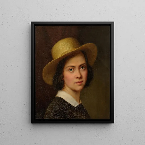 Self-portrait with a straw hat - Julie Wilhelmine Hagen-Schwarz — framed artwork on a wall