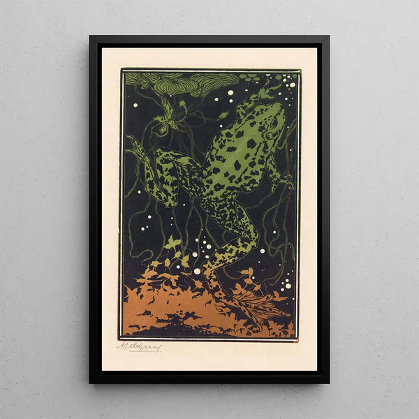 Frog swimming - Julie de Graag — framed artwork on a wall