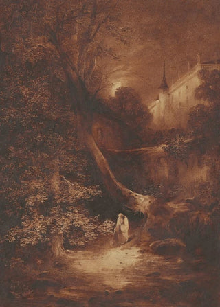 Landscape painting in moonlight with a monk walking near a palace - Julius Albert Elsasser — artwork view