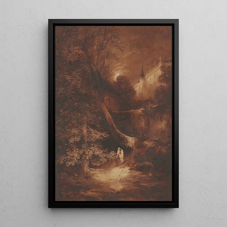 Landscape painting in moonlight with a monk walking near a palace - Julius Albert Elsasser — framed artwork on a wall