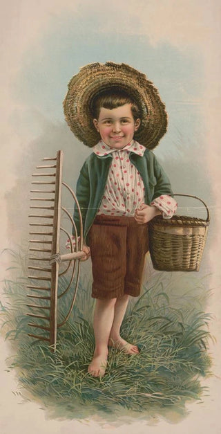 Small boy with straw hat, basket, and rake - Julius Bien Company — artwork view