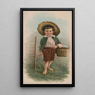 Small boy with straw hat, basket, and rake - Julius Bien Company — framed artwork on a wall