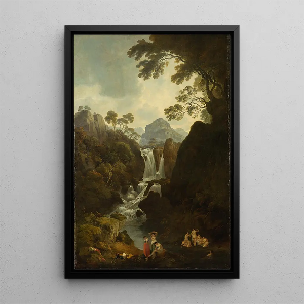 A waterfall with bathers - Julius Caesar Ibbetson — framed artwork on a wall