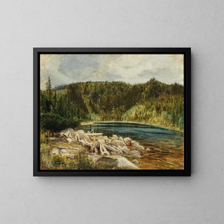 a painting Une vue d'un lac dans la forêt de Bohême - Julius Eduard Mařák — framed artwork on a wall
