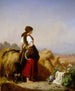 a standing reaper near sheaves tending to a wedding procession returning from church - Julius Köckert — artwork view