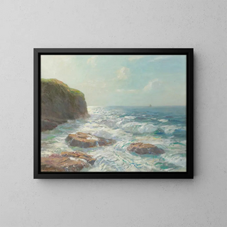 Silvered Sea, Irish Coast - Julius Olsson — framed artwork on a wall