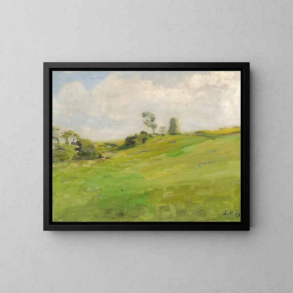 Landscape painting with trees on the horizon - Julius Paulsen — framed artwork on a wall