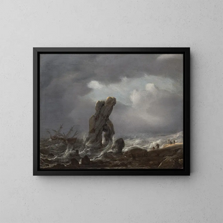 Bateaux en détresse au large d'une côte rocheuse - Julius Porcellis — framed artwork on a wall