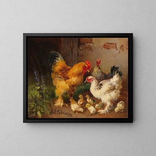 Coqs et poules devant l'étable dans le pré - Julius Scheuerer — framed artwork on a wall