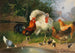 Turkey, rooster, hens, chicks, and pigeon at the waterer - Julius Scheuerer — artwork view