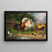 Turkey, rooster, hens, chicks, and pigeon at the waterer - Julius Scheuerer — framed artwork on a wall