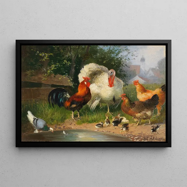 Turkey, rooster, hens, chicks, and pigeon at the waterer - Julius Scheuerer — framed artwork on a wall