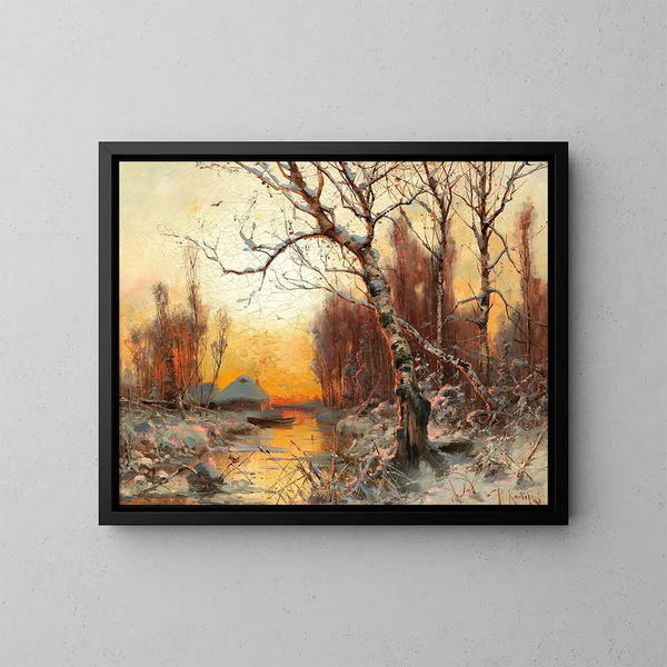 Winter landscape painting with birches in the evening light - Julius Sergius Klever — framed artwork on a wall