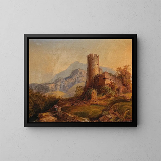 a mountainous landscape with castle ruins and figures - Julius Theodor Gruss — framed artwork on a wall