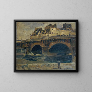 Landscape of Paris with the Pont Neuf - Julius Ullmann — framed artwork on a wall