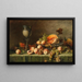 Nature morte with peach, grapes, and pumpkin - Julius Victor Carstens — framed artwork on a wall